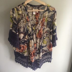 COLDWATER CREEK Sheer Floral Lace Trim Open Blouse